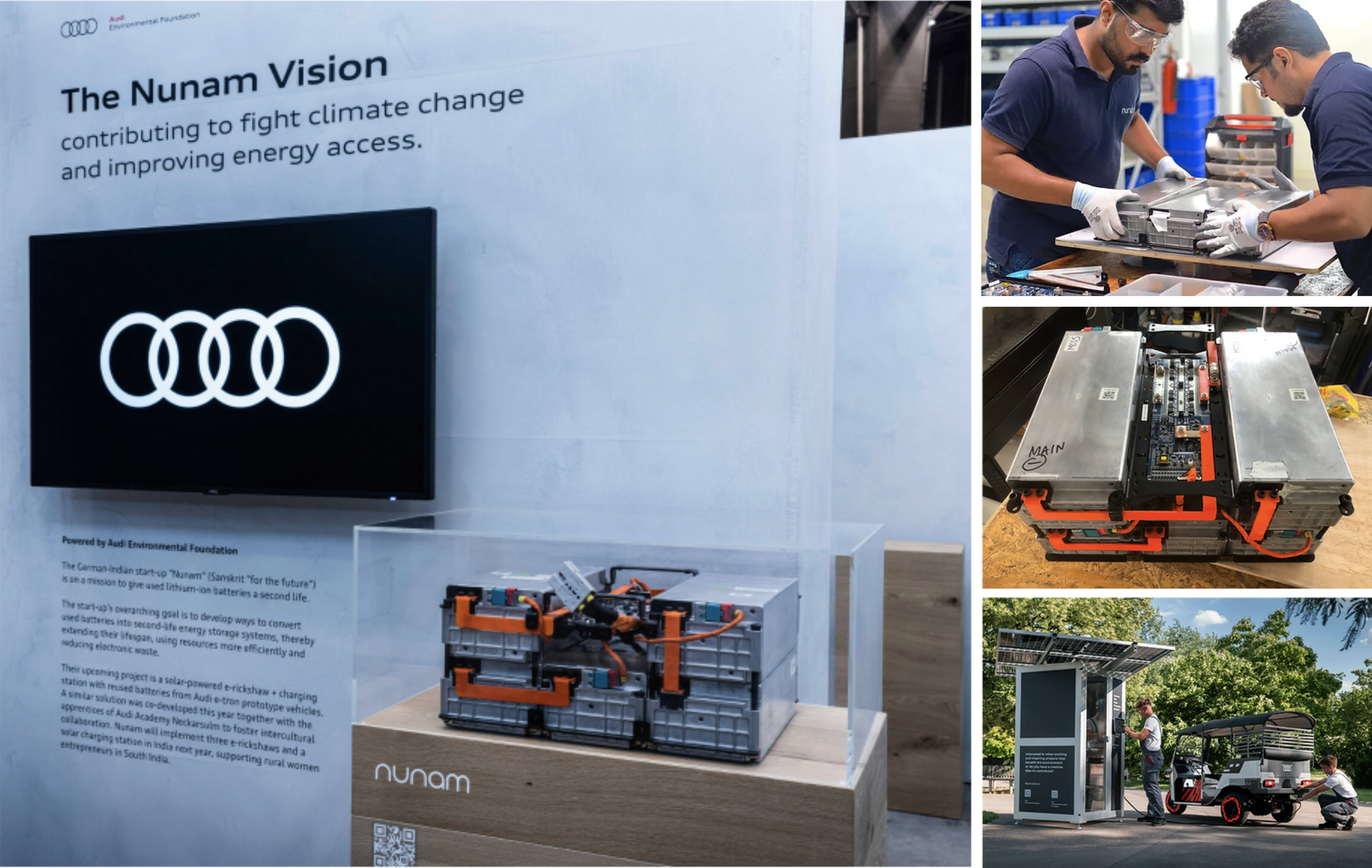 Second-life battery pack on display with the Audi Environmental Foundation, pack assembly, and the e-rickshaw at its charging station