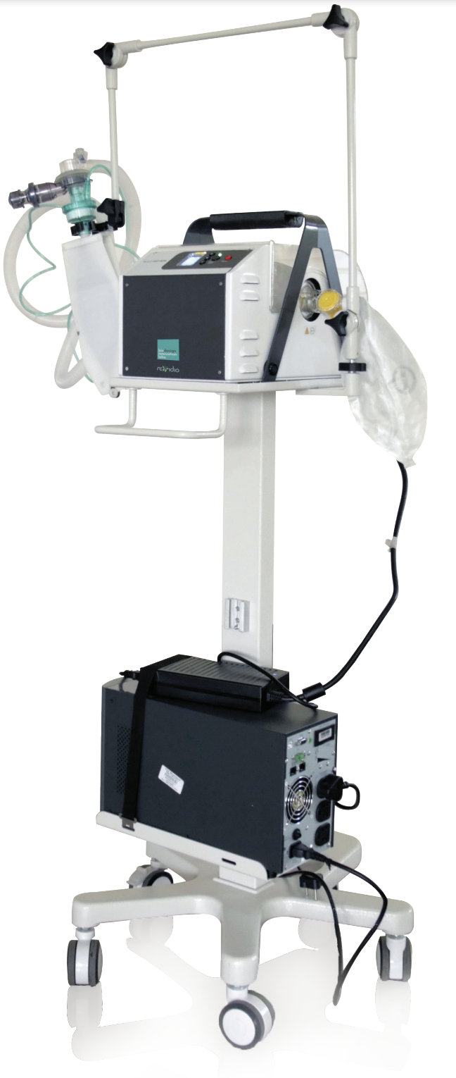 RespirAID mounted on its mobile stand with battery backup