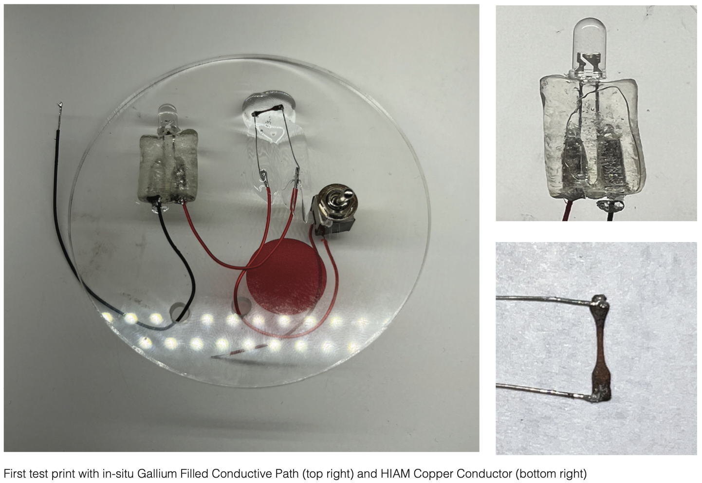First test print with in-situ gallium-filled conductive path and HIAM copper conductor